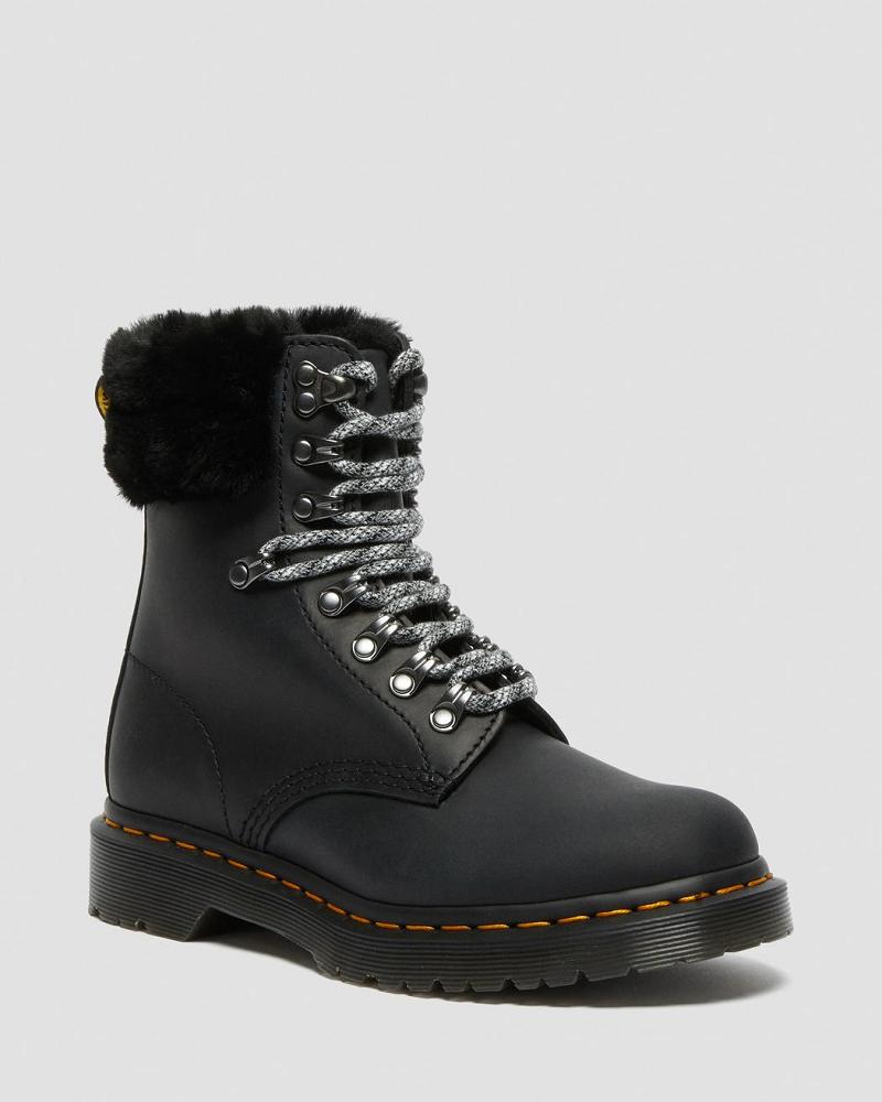 Women\'s Dr Martens 1460 Serena Collar Faux Fur Lined Lace Up Boots Black | AU 199CTV